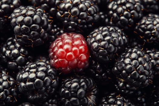 A close up of blackberries with a red one photo