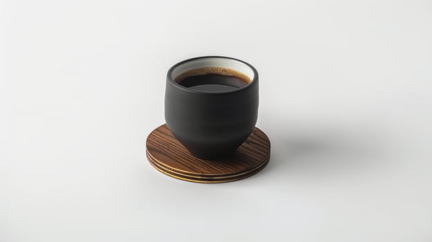 Black ceramic cup full of coffee standing on a handmade wooden coaster on a white background photo