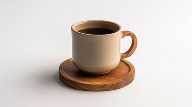 Steaming coffee cup on cozy coaster against white background photo