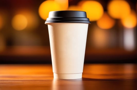 A sleek paper coffee cup against a warm bokeh background, perfect for cozy cafe vibes photo