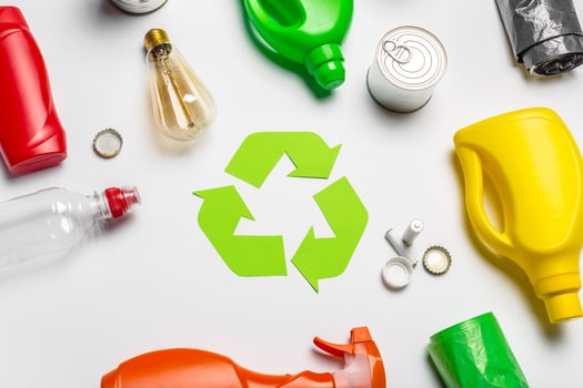Eco concept with recycling symbol on table background top view photo