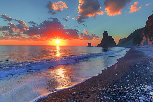 Stunning Sunset Over Secluded Coastal Beach with Rocky Cliffs and Vibrant Cloudscape - Perfect for Travel Posters photo