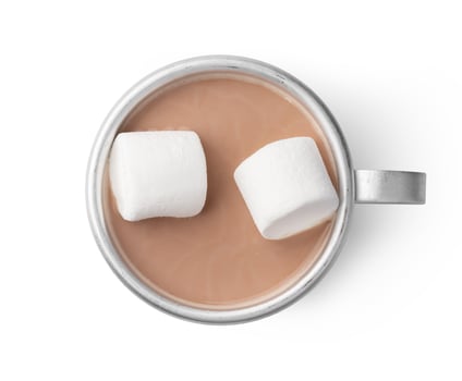 Top view of cocoa drink with marshmallow isolated on white photo