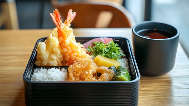 A traditional Japanese bento box filled with tempura shrimp, rice, pickled vegetables, and tamagoyaki, placed neatly on a wooden table with a simple black tea cup photo
