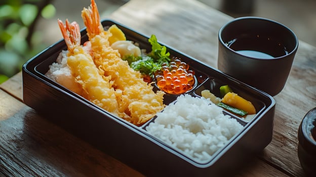 A traditional Japanese bento box filled with tempura shrimp, rice, pickled vegetables, and tamagoyaki, placed neatly on a wooden table with a simple black tea cup photo