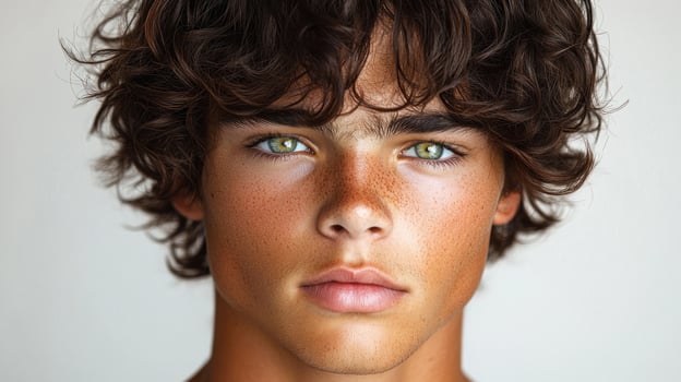 A captivating portrait of a young man with curly hair and vibrant green eyes photo