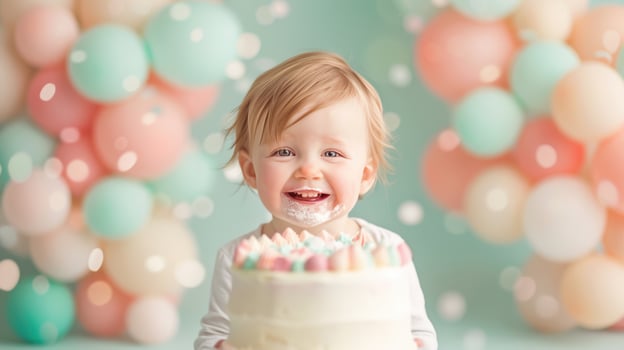 A baby is smiling while holding a cake photo