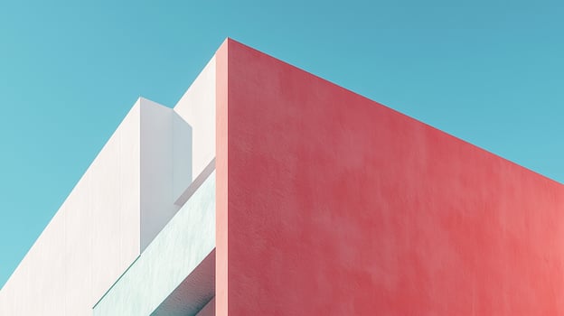 Minimalist corner building wall exterior construction perspective view with blue sky photo