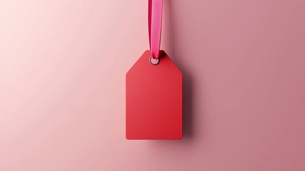 Paper price tag label red brand name with rope on solid background photo
