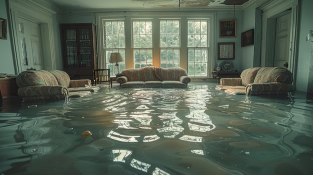 A flooded room with furniture and a couch photo