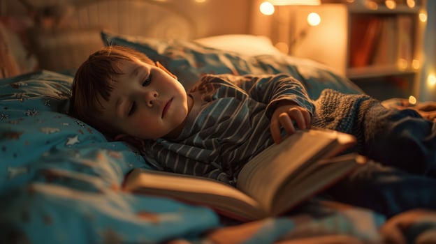 A young child reading a book in bed photo
