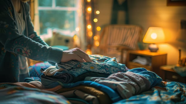 A person is putting clothes on a bed photo