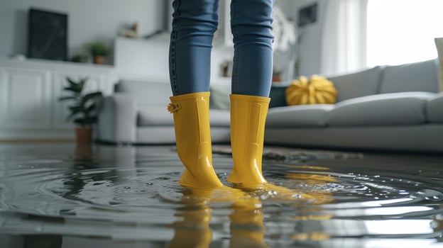 A woman standing in a flooded room with yellow rain boots photo