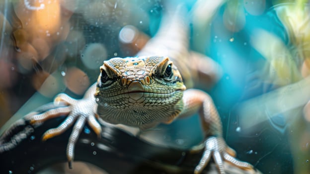 A lizard is sitting on a branch with water droplets on it photo