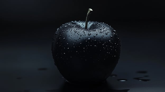 Black apple closeup focused with surface and water drop dark photo effect