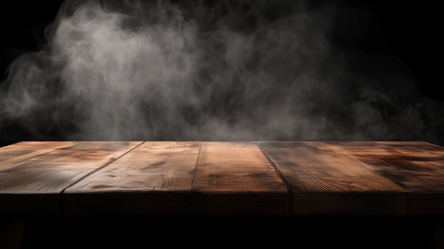 Brown wooden table perspective with dark rustic wall background photo