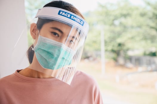 Asian woman wearing mask and face shield before going outside for prevent and protection covid-19 virus disease. photo
