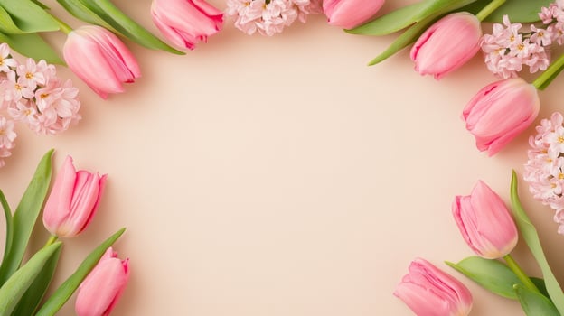 A soft arrangement of pink tulips and hyacinths framing a light pastel background photo