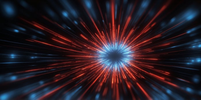 A glowing starburst pattern of electric blue and red lines on a glossy black surface. photo