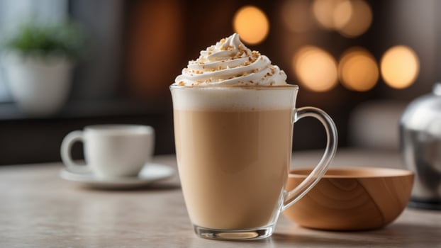 Creamy Vanilla Latte on Bright Kitchen Counter Coffee Drink Concept with Copy Space. photo