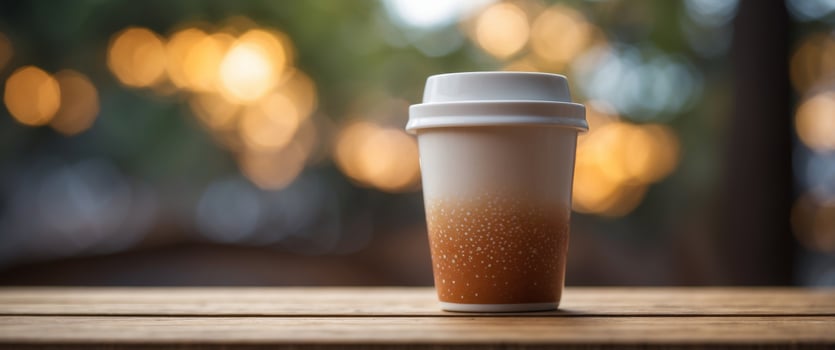 A coffee cup on a wooden table at the viewpoint. photo
