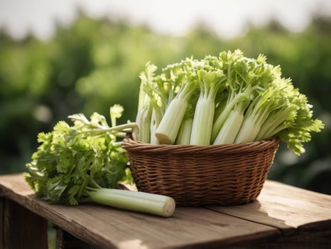 Wicker basket overflowing with freshly harvested celery stalks on rustic wooden table. photo