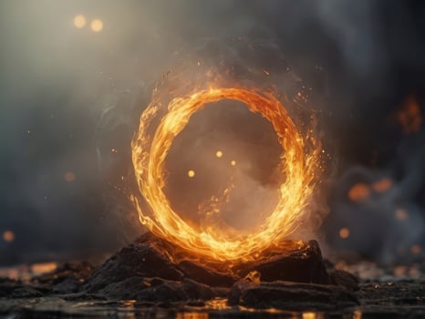 A close up of a golden circle with a lot of fire and smoke around it. photo