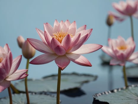 Pink Water Lily with Blue Leaves on a Light Blue Background. photo