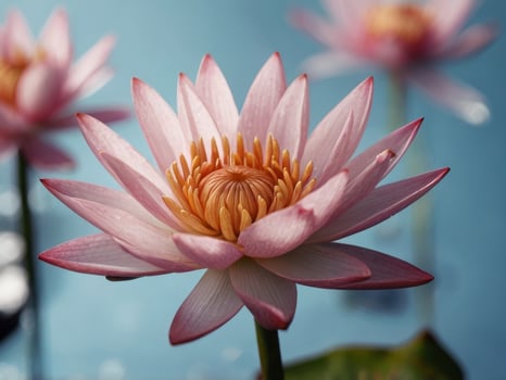 Pink Water Lily with Blue Leaves on a Light Blue Background. photo