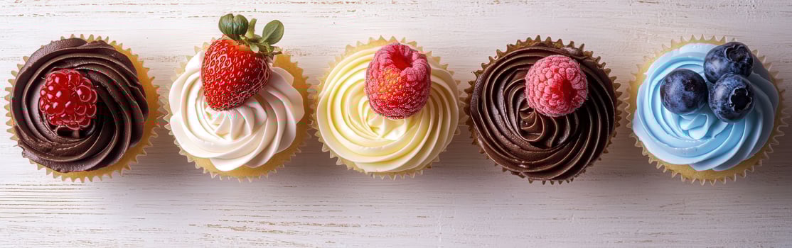 Delicious assorted cupcakes topped with fresh berries on a wooden table photo
