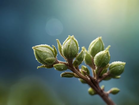 Macro Closeup of Green Buds with Dew on Blue Background - Nature and Clarity for Posters and Designs. photo