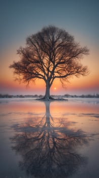 A tree whose roots glow like fire, growing in the middle of a frozen desert. photo