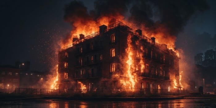 Dramatic scene of a burning building at night with fierce flames engulfing the structure in an urban disaster scenario. photo
