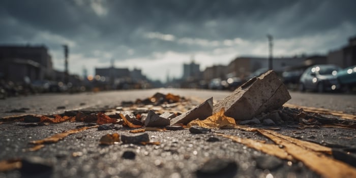 earthquake tsunami aftermath city disaster debris cracked collapsed. photo