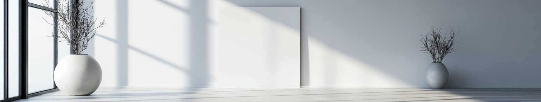 Sunlight filters into a minimalist room with vases and blank canvas photo
