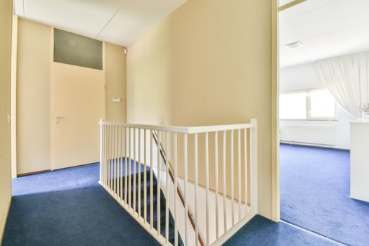 A hallway with a blue carpet photo