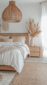 Stylish modern bedroom with natural decor and soft lighting during the day in a cozy setting photo