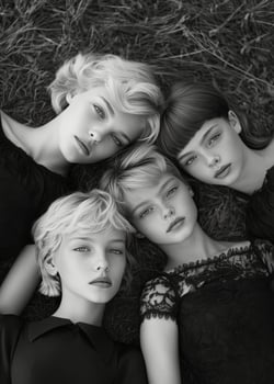Four young women with blonde hair lying on grass during a calm summer day in monochrome style photo