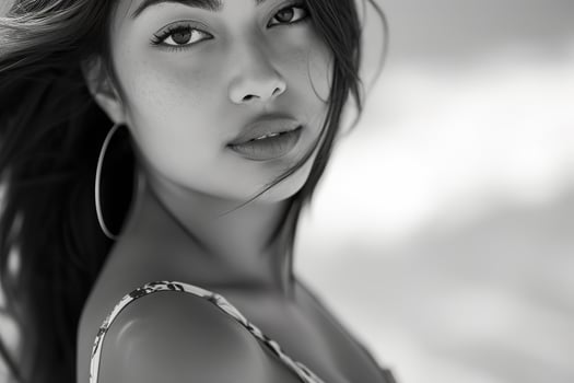 young model poses gracefully in floral dress at the beach, black and white photo