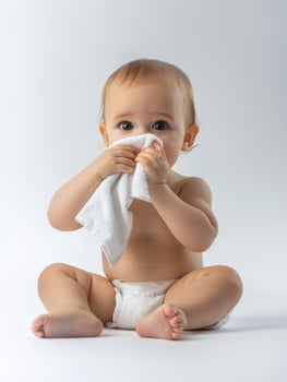 A baby in diapers sitting on a white background photo