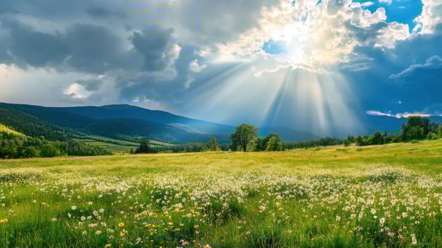 A field of grass with a bright sun shining through the clouds photo