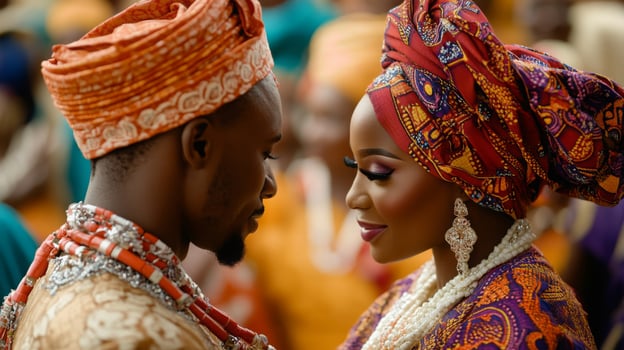 A couple dressed in colorful traditional attire shares a tender moment during their wedding ceremony surrounded by guests. photo