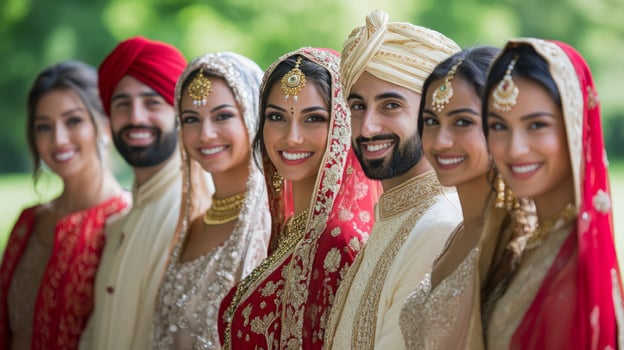 A joyful group of women and men dressed in vibrant traditional attire smiles for the camera during a wedding celebration in a lush outdoor setting. photo