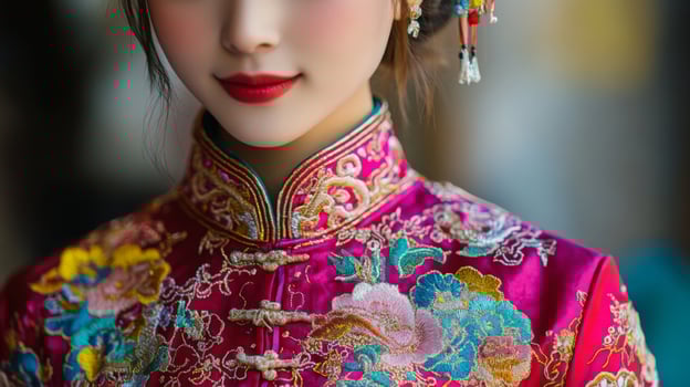 A young woman wears a stunning pink outfit adorned with intricate floral embroidery while showcasing cultural pride. photo
