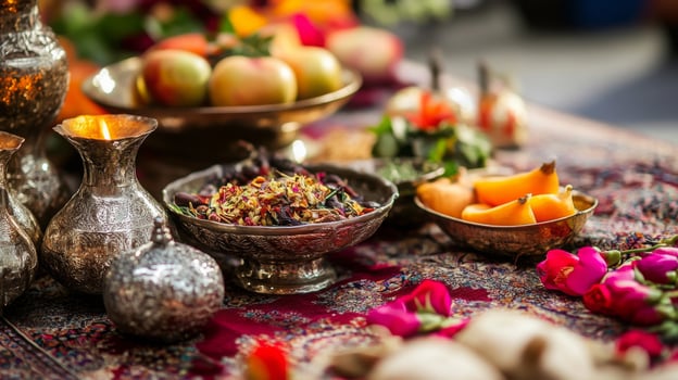 A beautifully arranged table showcases traditional dishes, fruits, and floral decor during a cultural celebration highlighting rich heritage and festive spirit. photo