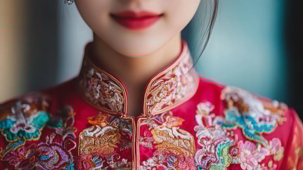 A woman wears an ornate red garment adorned with colorful embroidery, showcasing intricate designs against a blurred background. photo