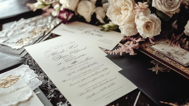 Beautifully arranged wedding invitations lie on a rustic table alongside a stunning bouquet of flowers. photo