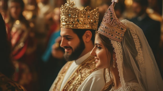 A joyful couple dressed in ornate wedding attire smiles during their traditional ceremony in an elaborate hall filled with guests. photo