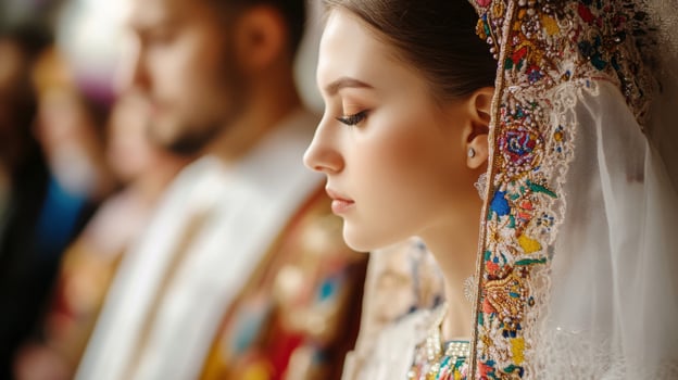 A bride in intricate traditional attire stands gracefully during a ceremonial event, her profile highlighted by decorative elements and a serene expression. photo