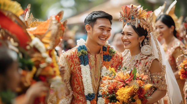 A joyful couple stands amid a colorful wedding celebration, adorned in traditional attire, surrounded by guests carrying vibrant floral arrangements. photo